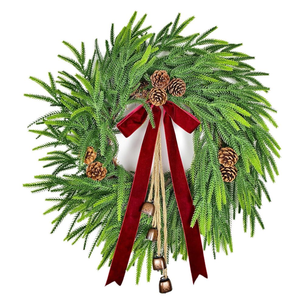 3136 28 Inch Real Touch Norfolk Pine Christmas Wreath with Pine Cones
